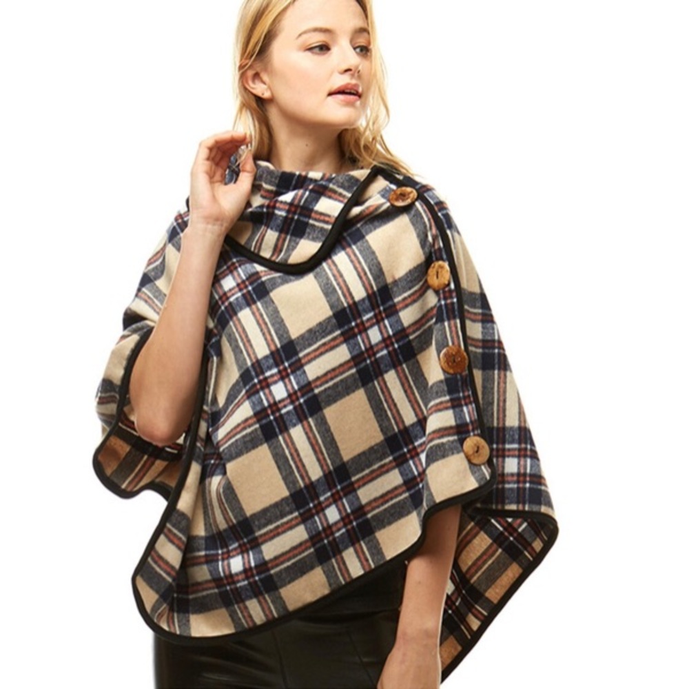 Plaid High Neck Button Poncho
